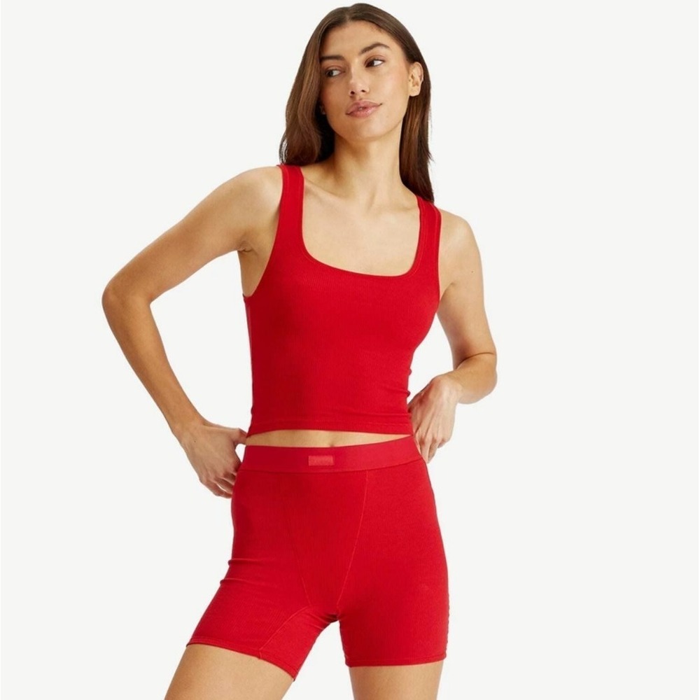 New $36 SKIMS Stretch Cotton Rib Boxers Shorts Red Girlfriend CRANBERRY XS Red